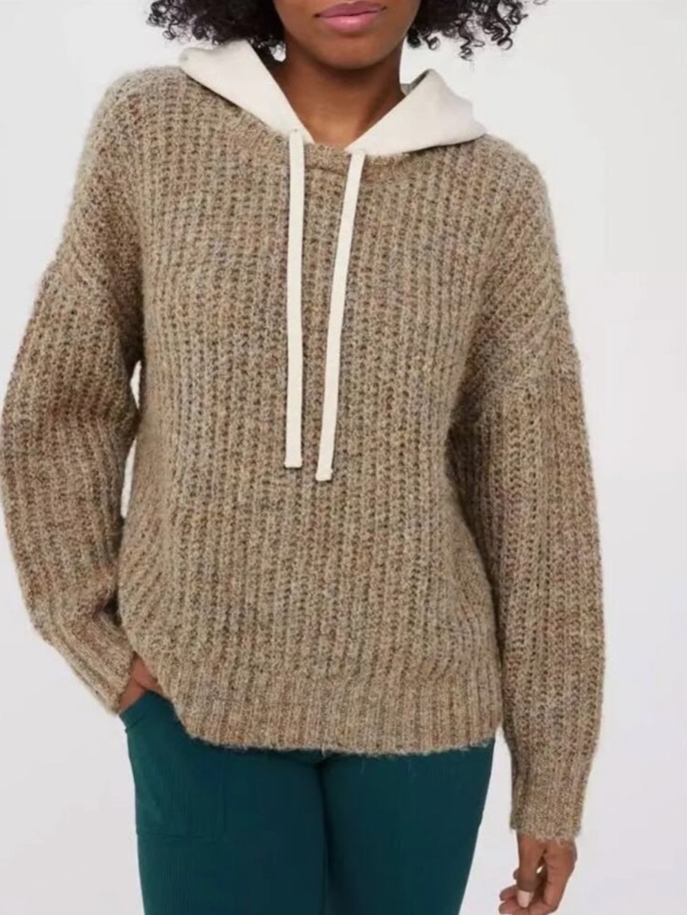 Aerie Sweater with Hood Oatmeal Tweed Chunky Knit Size XS